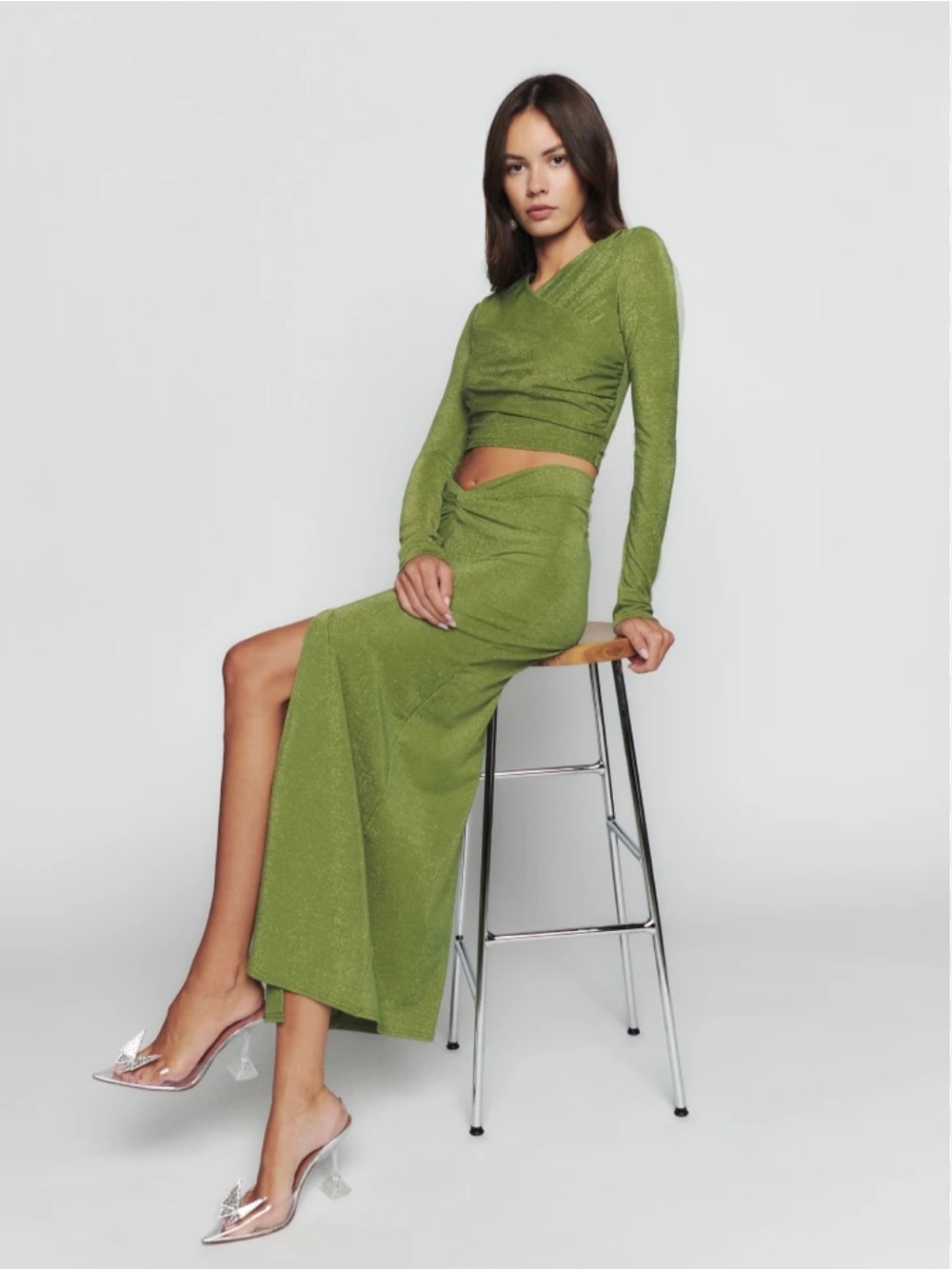 Reformation Olive Green Shimmer Maxi Skirt Set